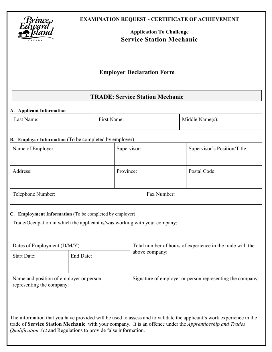 Service Station Mechanic Application to Challenge Certificate of Achievement Exam - Prince Edward Island, Canada, Page 6