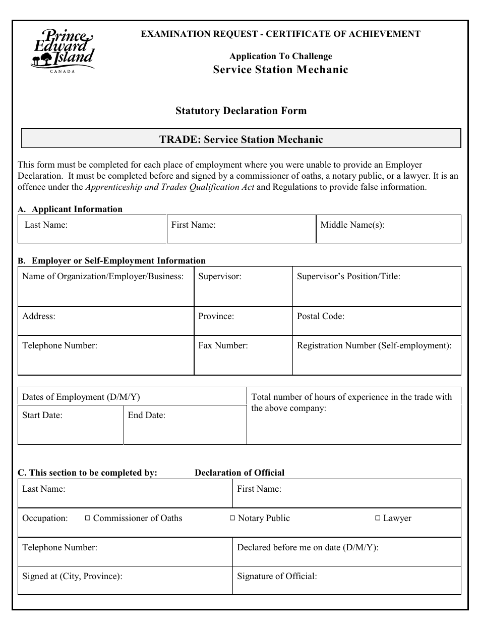 Service Station Mechanic Application to Challenge Certificate of Achievement Exam - Prince Edward Island, Canada, Page 7
