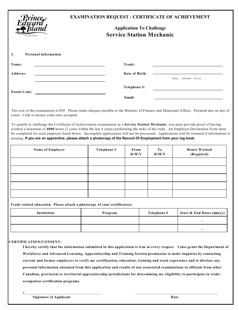 Prince Edward Island Canada Service Station Mechanic Application to