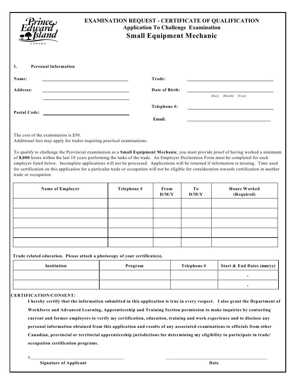 Small Equipment Mechanic Application to Challenge Examination - Prince Edward Island, Canada, Page 1
