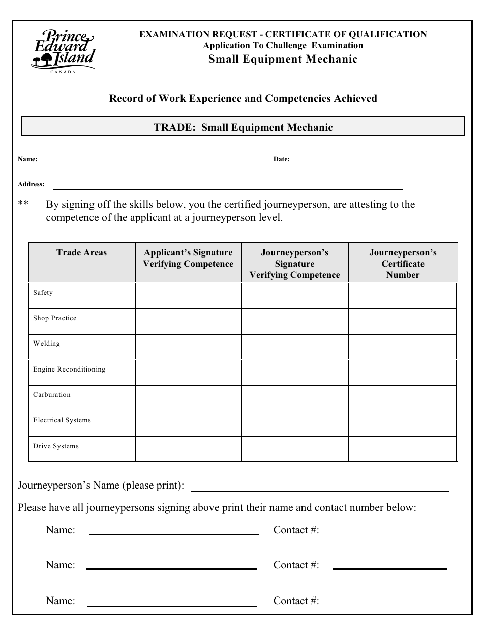 Small Equipment Mechanic Application to Challenge Examination - Prince Edward Island, Canada, Page 3
