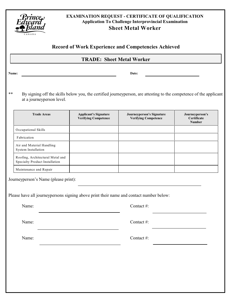 Sheet Metal Worker Application to Challenge Interprovincial Examination - Prince Edward Island, Canada, Page 3
