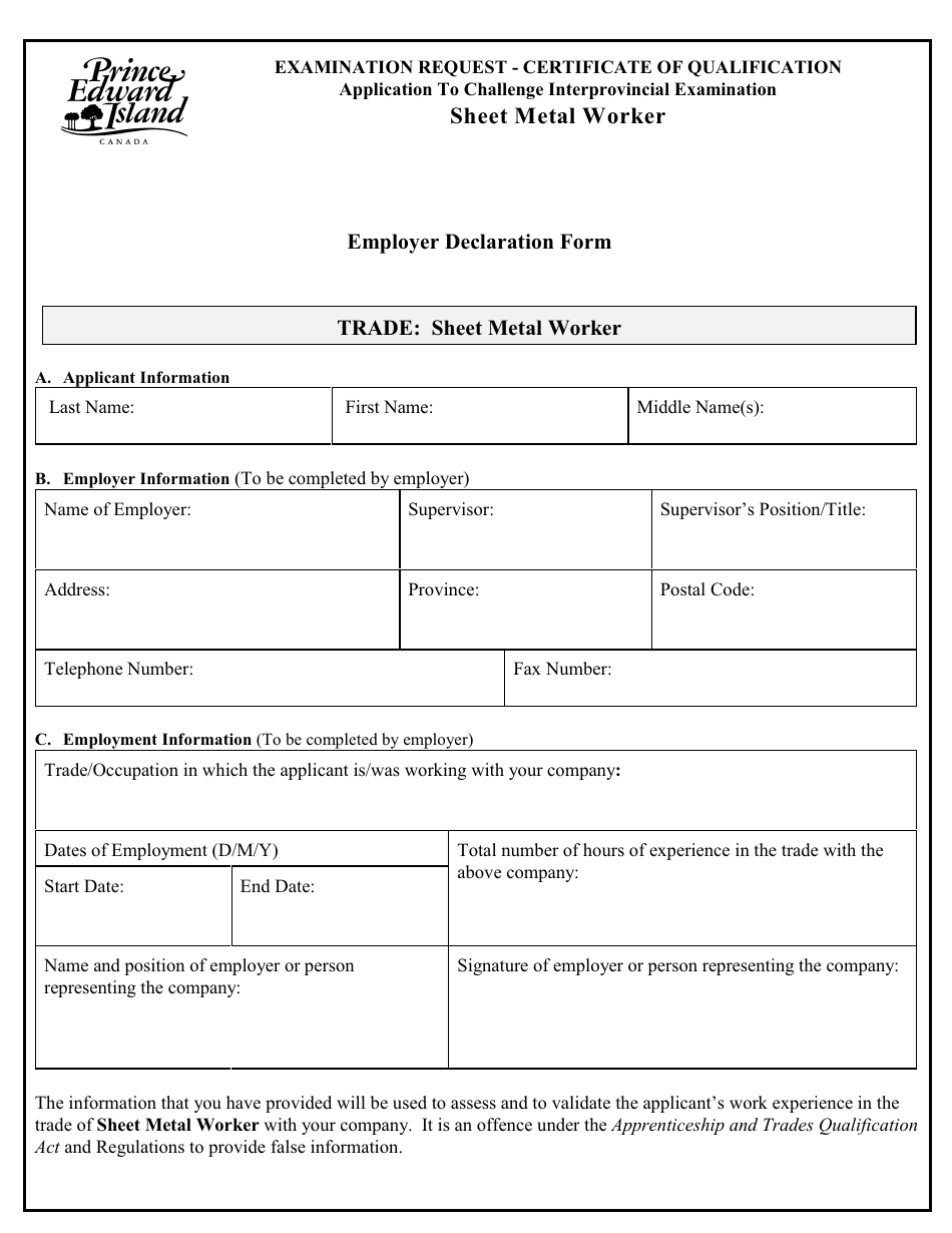 Sheet Metal Worker Application to Challenge Interprovincial Examination - Prince Edward Island, Canada, Page 5