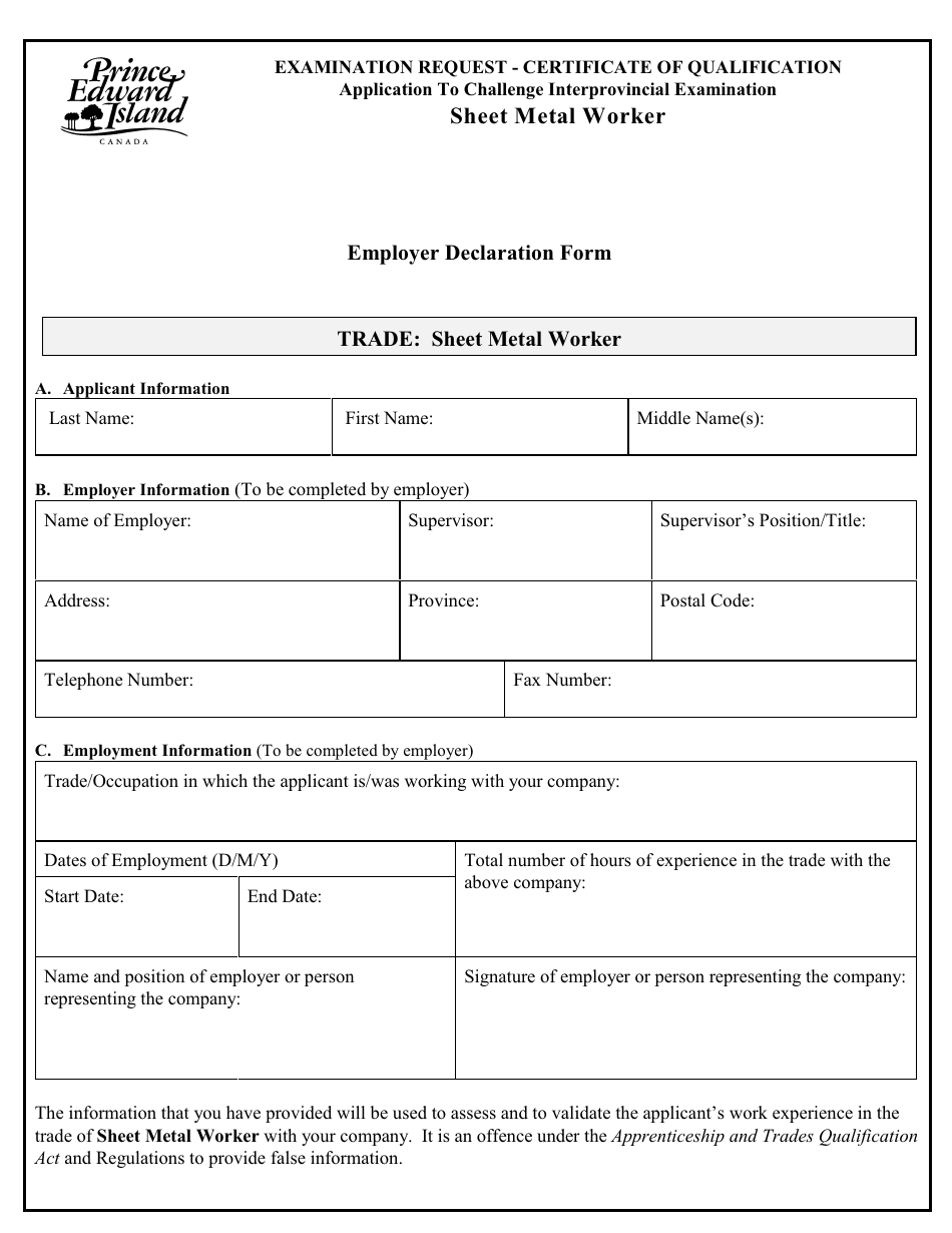 Sheet Metal Worker Application to Challenge Interprovincial Examination - Prince Edward Island, Canada, Page 6
