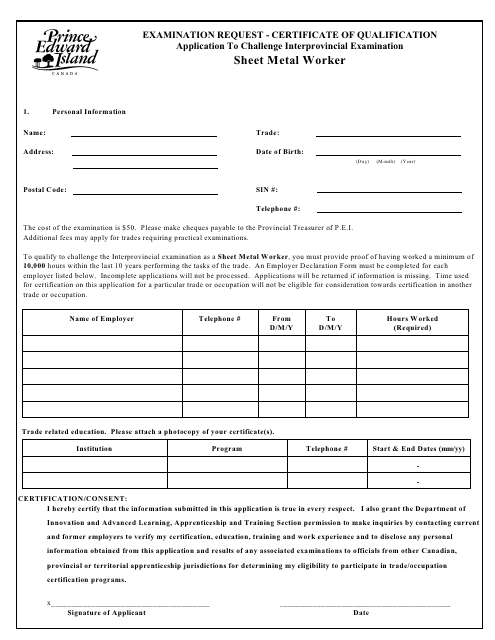Sheet Metal Worker Application to Challenge Interprovincial Examination - Prince Edward Island, Canada Download Pdf