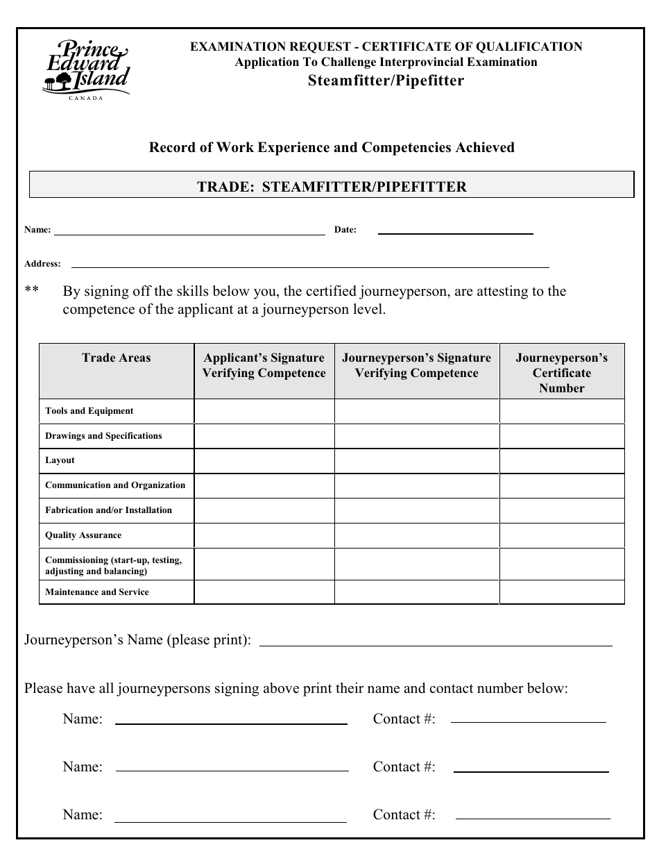 Steamfitter / Pipefitter Application to Challenge Interprovincial Examination - Prince Edward Island, Canada, Page 3