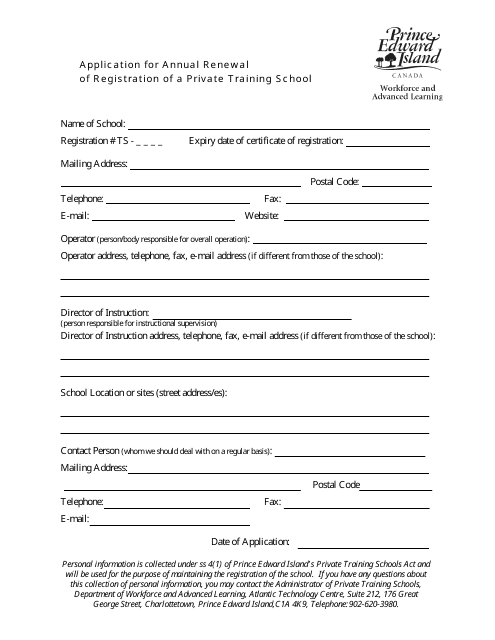 Application for Annual Renewal of Registration of a Private Training School - Prince Edward Island, Canada Download Pdf