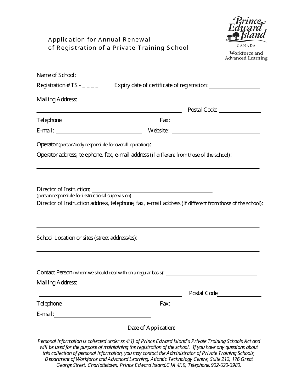 Application for Annual Renewal of Registration of a Private Training School - Prince Edward Island, Canada, Page 1