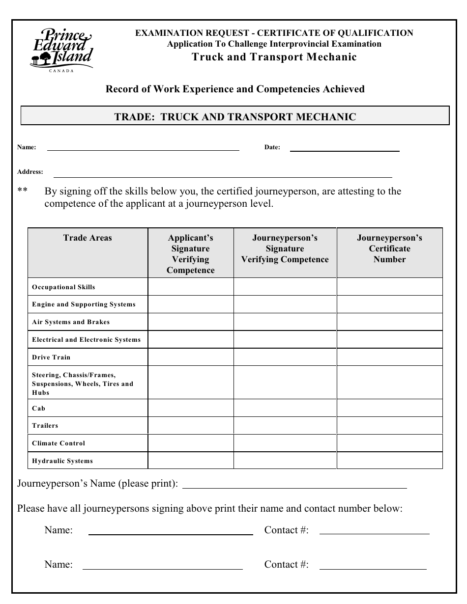 Truck and Transport Mechanic Application to Challenge Interprovincial Examination - Prince Edward Island, Canada, Page 3