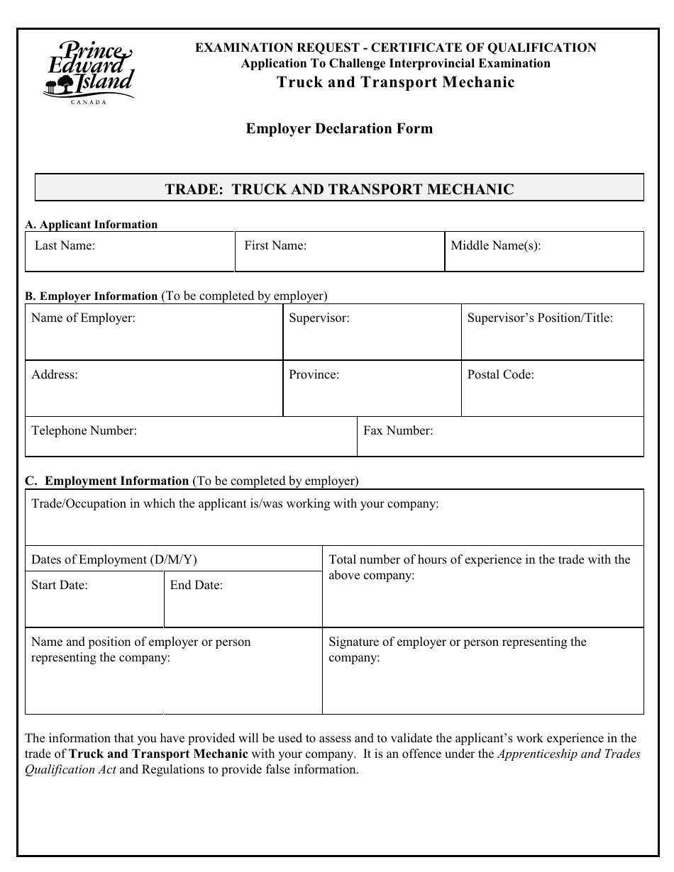 Truck and Transport Mechanic Application to Challenge Interprovincial Examination - Prince Edward Island, Canada, Page 4