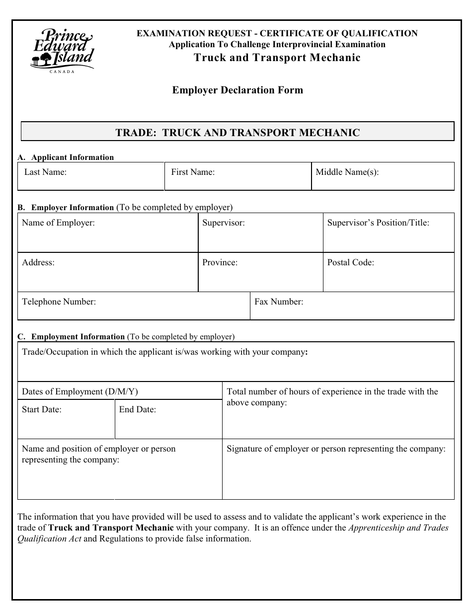 Truck and Transport Mechanic Application to Challenge Interprovincial Examination - Prince Edward Island, Canada, Page 5