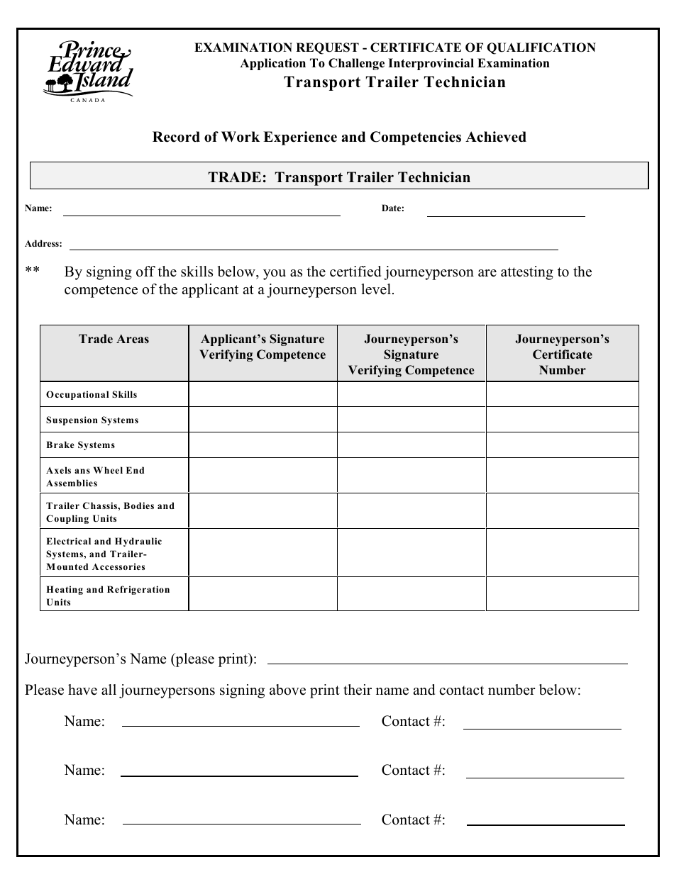 Transport Trailer Technician Application to Challenge Interprovincial Examination - Prince Edward Island, Canada, Page 3