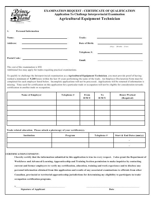 Agricultural Equipment Technician Application to Challenge Interprovincial Examination - Prince Edward Island, Canada Download Pdf