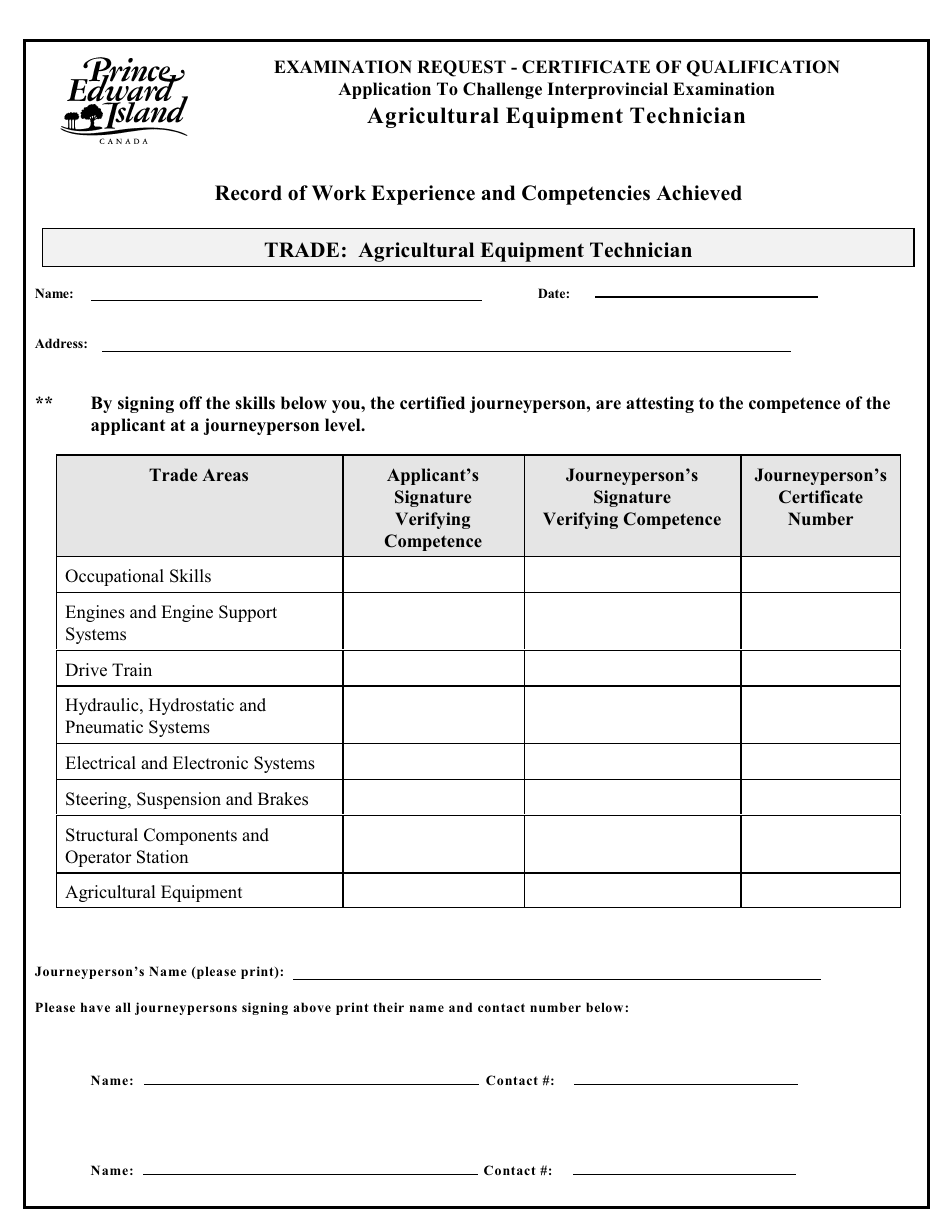 Agricultural Equipment Technician Application to Challenge Interprovincial Examination - Prince Edward Island, Canada, Page 3