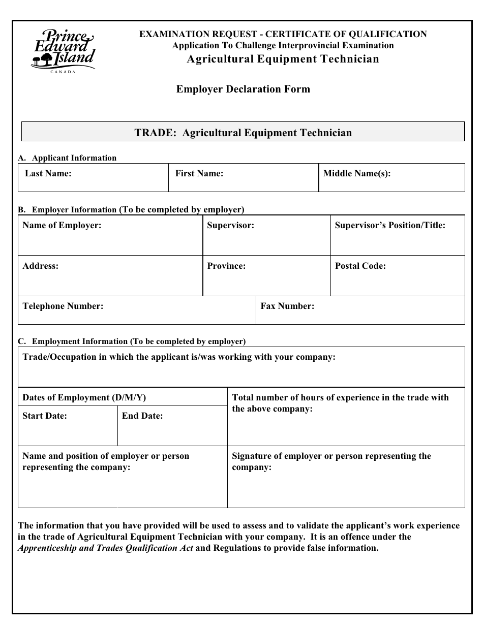 Agricultural Equipment Technician Application to Challenge Interprovincial Examination - Prince Edward Island, Canada, Page 5