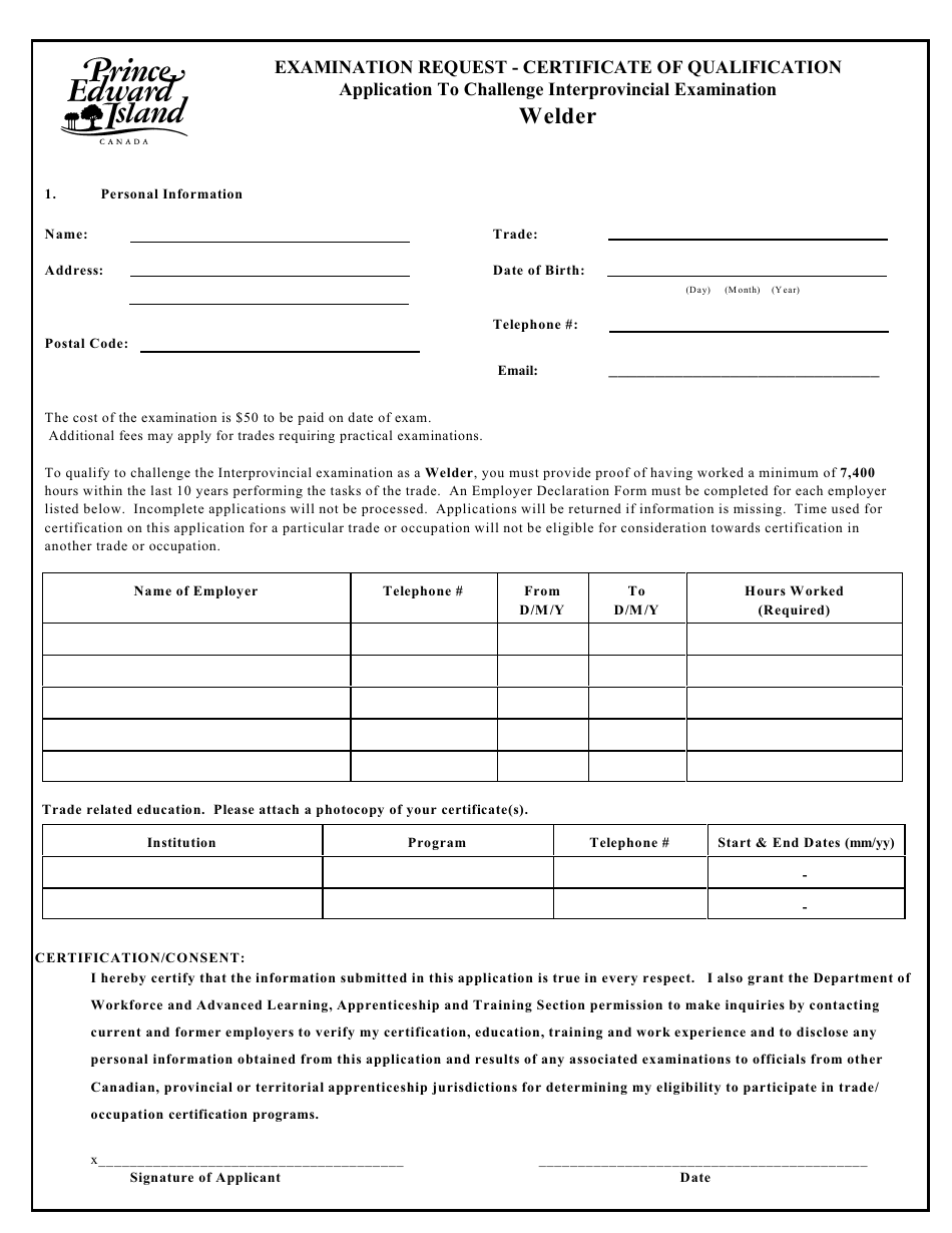Welder Application to Challenge Interprovincial Examination - Prince Edward Island, Canada, Page 1