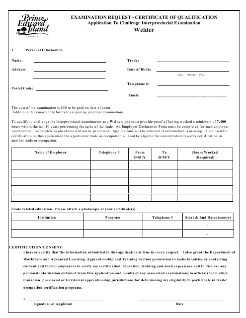 Welder Application to Challenge Interprovincial Examination - Prince Edward Island, Canada Download Pdf