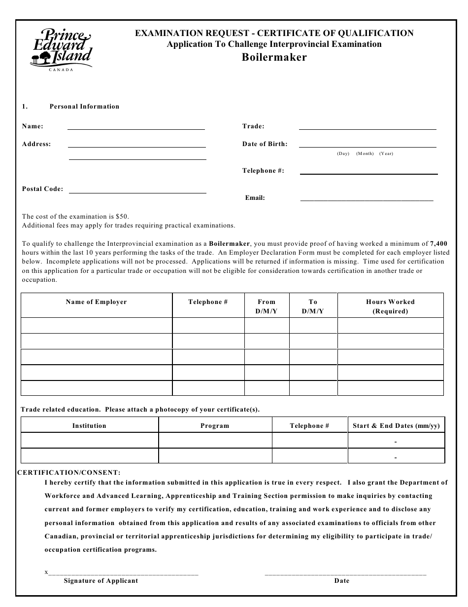 Boilermaker Application to Challenge Interprovincial Examination - Prince Edward Island, Canada, Page 1