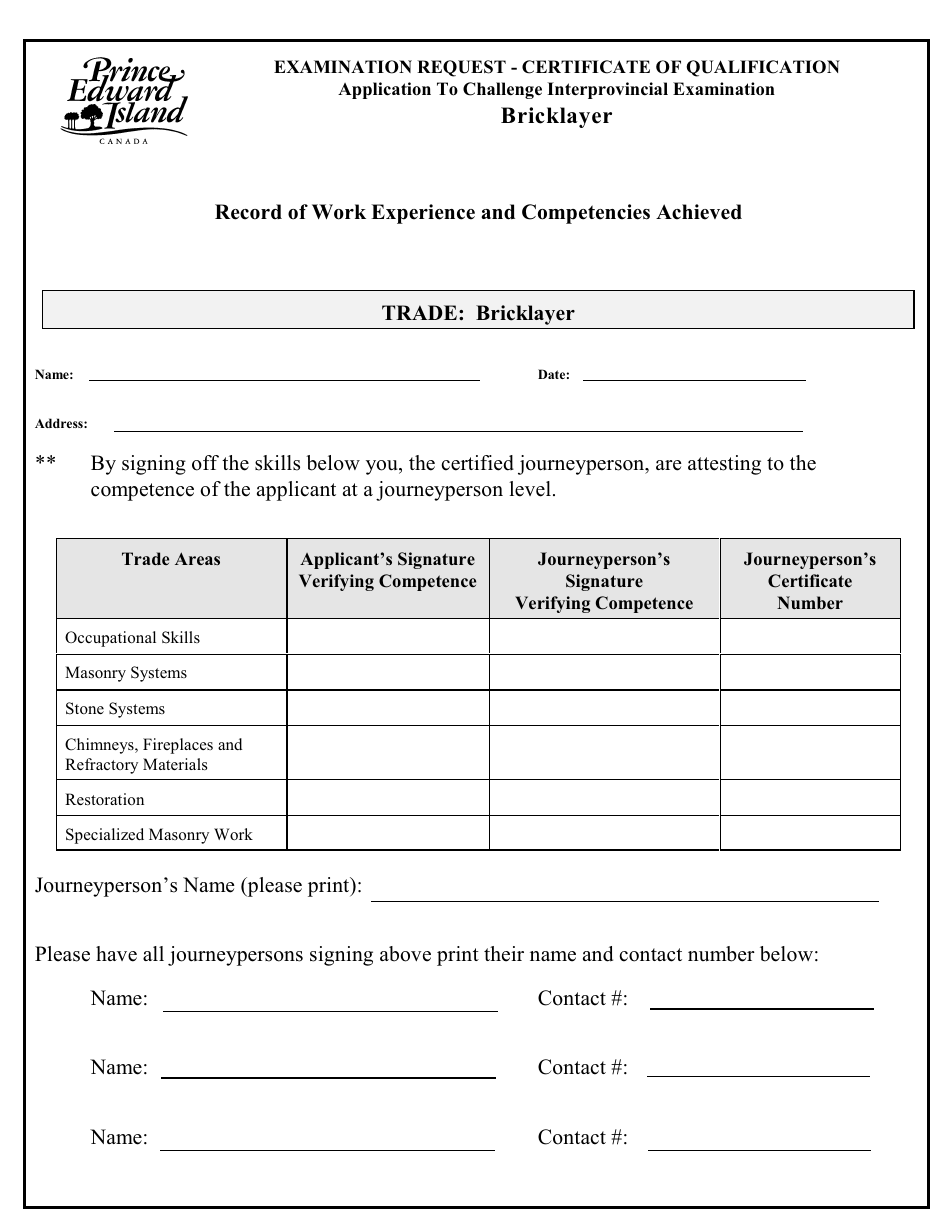 Bricklayer Application to Challenge Interprovincial Examination - Prince Edward Island, Canada, Page 3