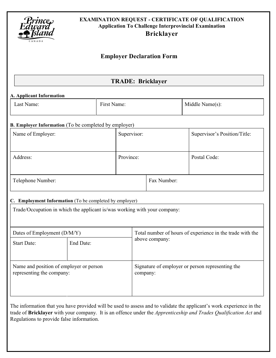 Bricklayer Application to Challenge Interprovincial Examination - Prince Edward Island, Canada, Page 4