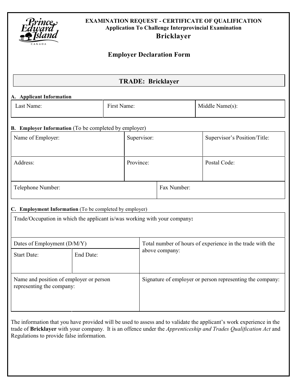 Bricklayer Application to Challenge Interprovincial Examination - Prince Edward Island, Canada, Page 5