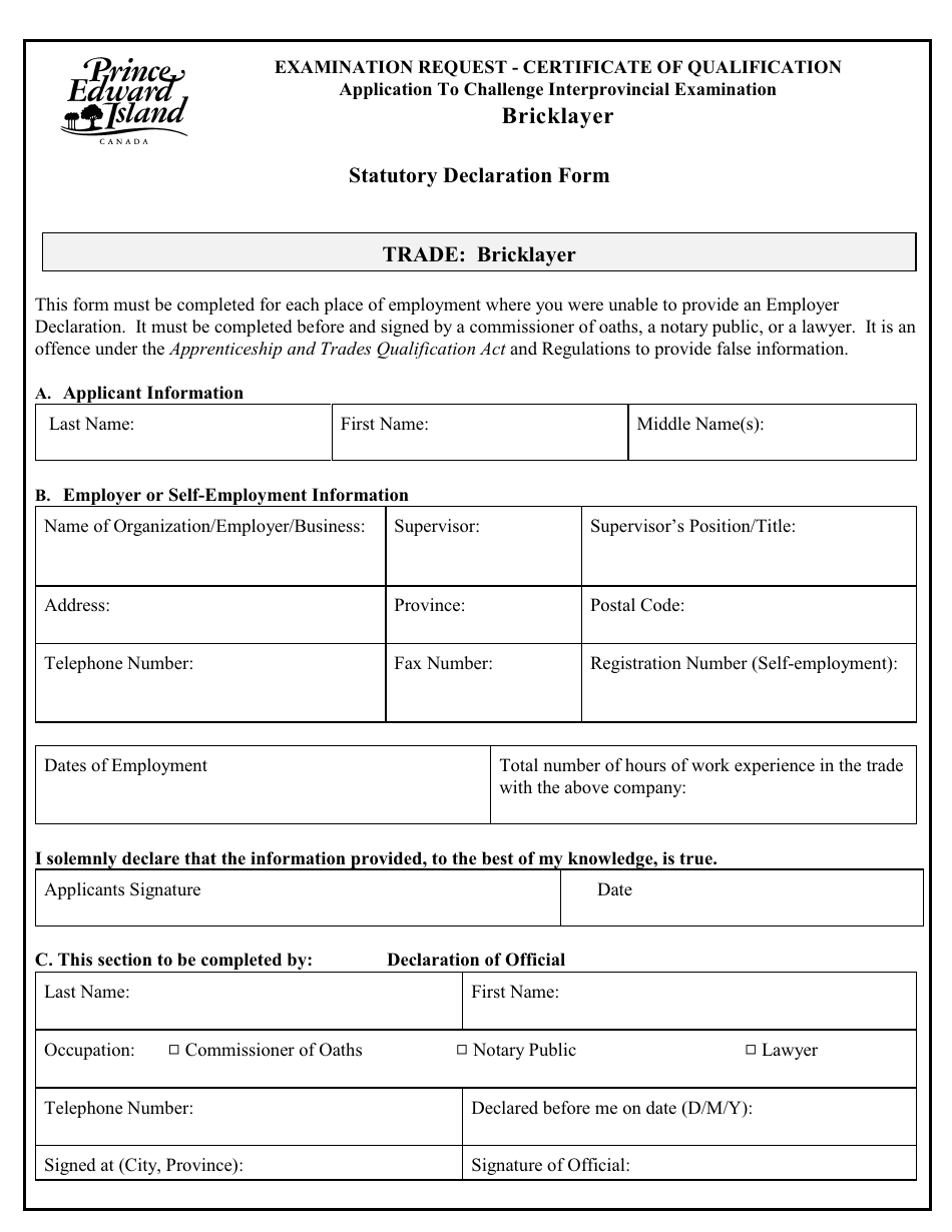 Bricklayer Application to Challenge Interprovincial Examination - Prince Edward Island, Canada, Page 7