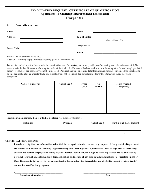 Carpenter Application to Challenge Interprovincial Examination - Prince Edward Island, Canada Download Pdf