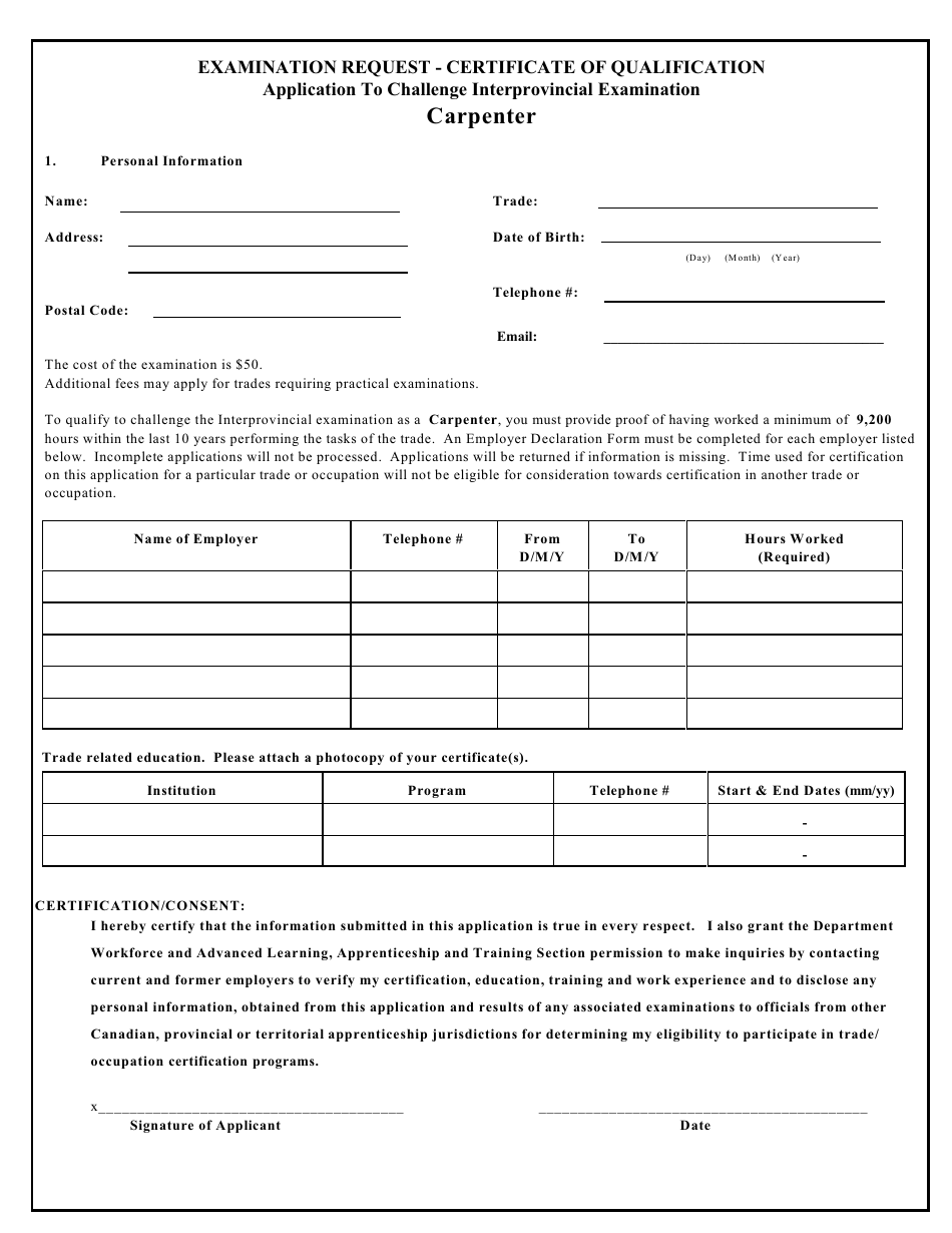 Carpenter Application to Challenge Interprovincial Examination - Prince Edward Island, Canada, Page 1