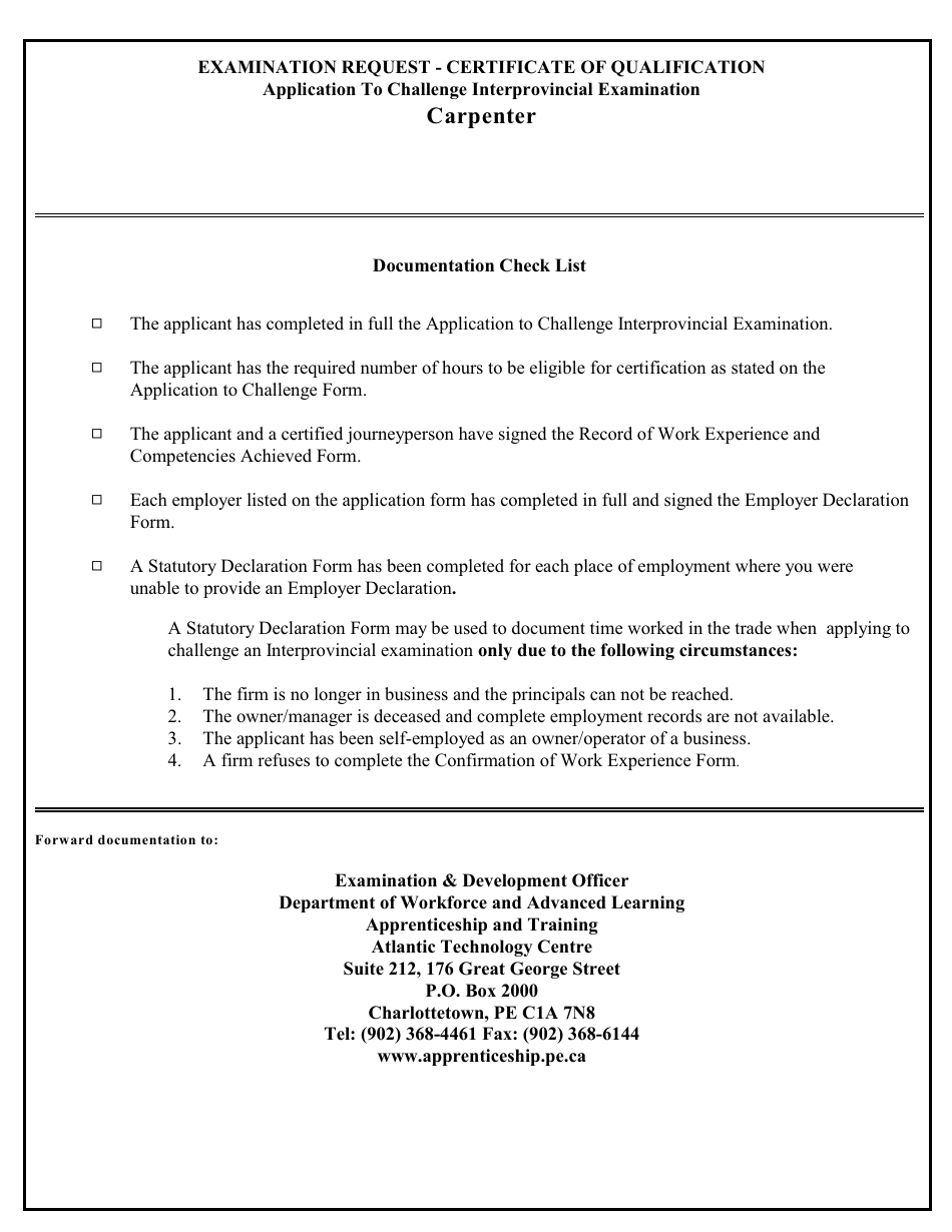 Carpenter Application to Challenge Interprovincial Examination - Prince Edward Island, Canada, Page 2