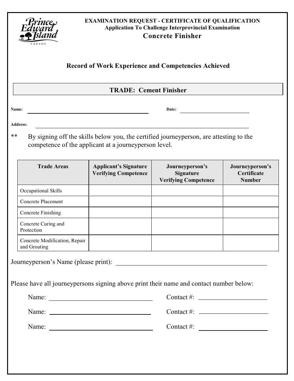 Concrete Finisher Application to Challenge Interprovincial Examination - Prince Edward Island, Canada, Page 3