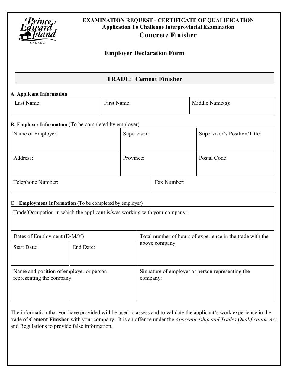 Concrete Finisher Application to Challenge Interprovincial Examination - Prince Edward Island, Canada, Page 4