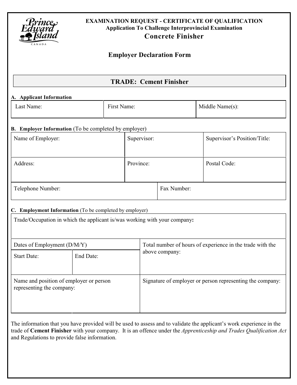 Concrete Finisher Application to Challenge Interprovincial Examination - Prince Edward Island, Canada, Page 5