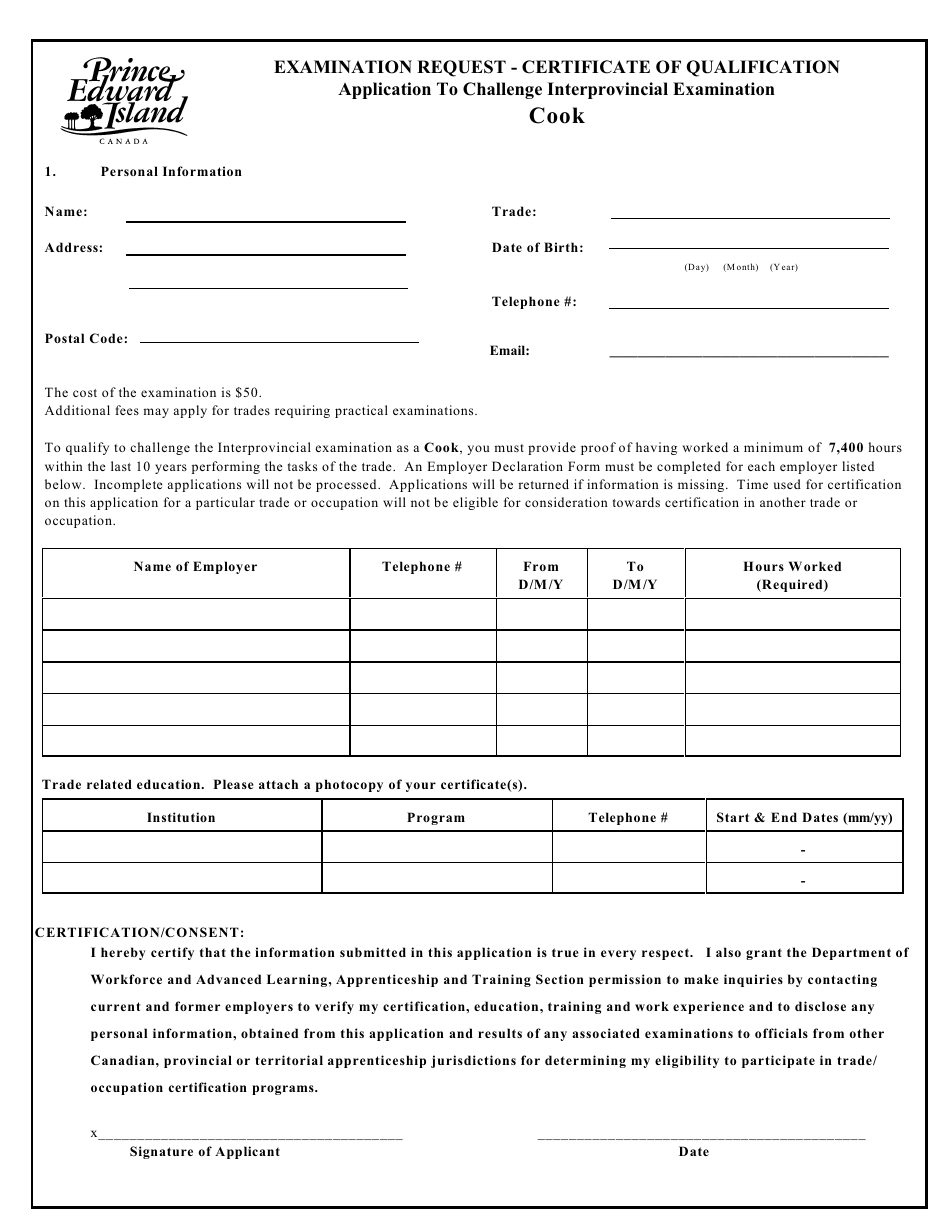 Cook Application to Challenge Interprovincial Examination - Prince Edward Island, Canada, Page 1