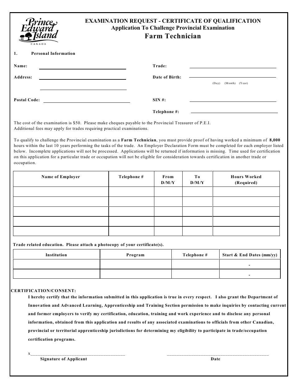 Farm Technician Application to Challenge Provincial Examination - Prince Edward Island, Canada, Page 1
