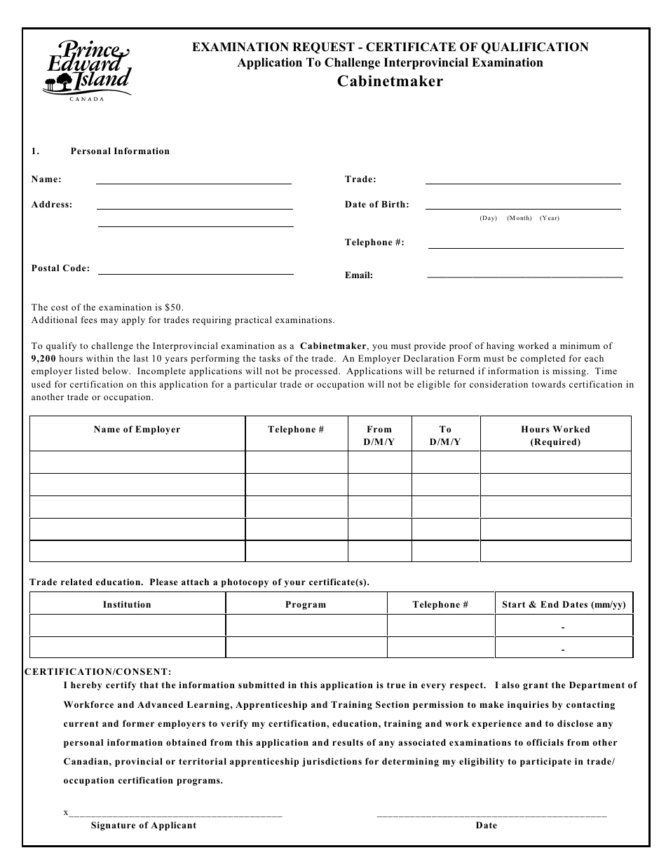 Cabinetmaker Application to Challenge Interprovincial Examination - Prince Edward Island, Canada, Page 1