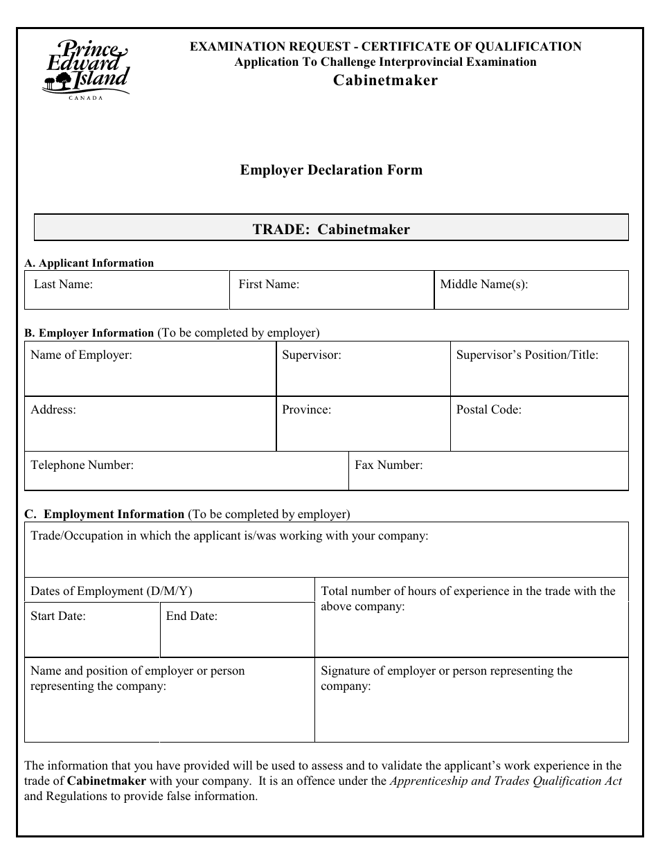 Cabinetmaker Application to Challenge Interprovincial Examination - Prince Edward Island, Canada, Page 4