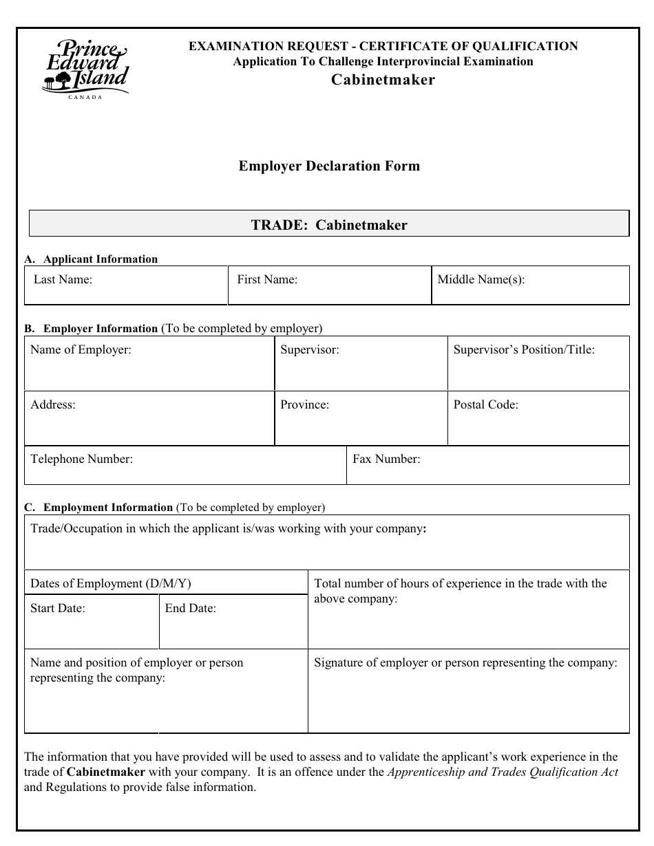 Cabinetmaker Application to Challenge Interprovincial Examination - Prince Edward Island, Canada, Page 5