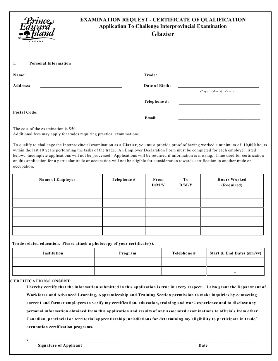 Glazier Application to Challenge Interprovincial Examination - Prince Edward Island, Canada, Page 1