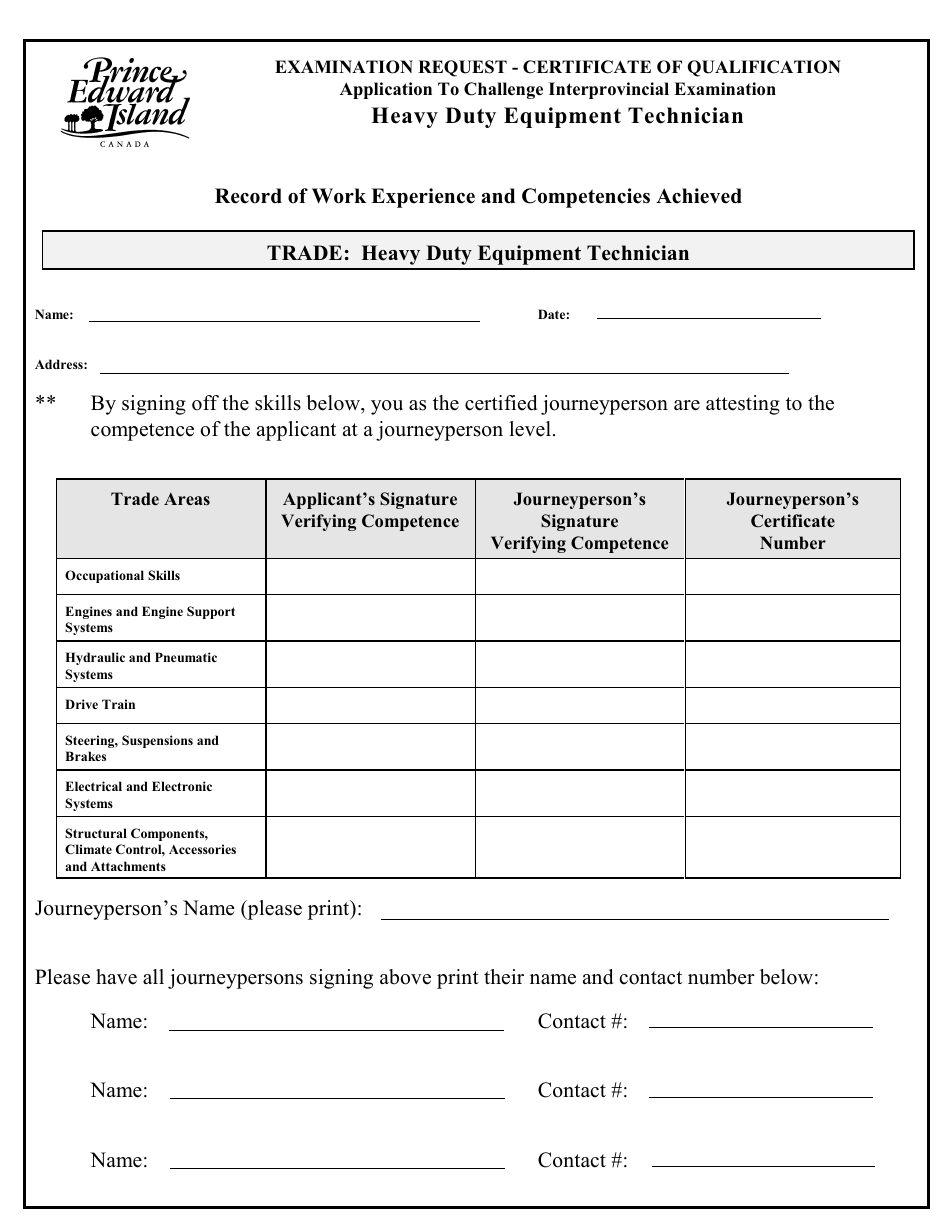 Heavy Duty Equipment Technician Application to Challenge Interprovincial Examination - Prince Edward Island, Canada, Page 3