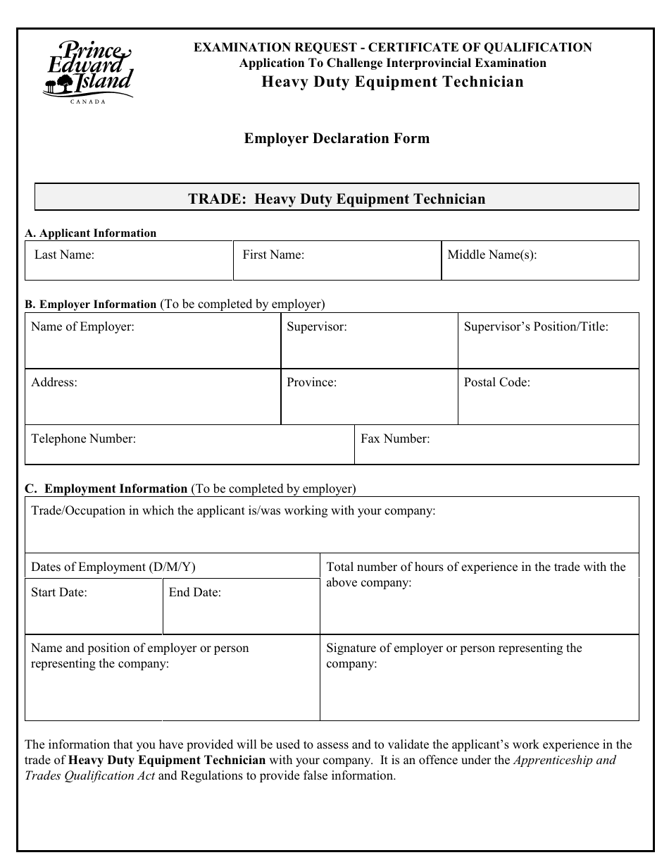 Heavy Duty Equipment Technician Application to Challenge Interprovincial Examination - Prince Edward Island, Canada, Page 4