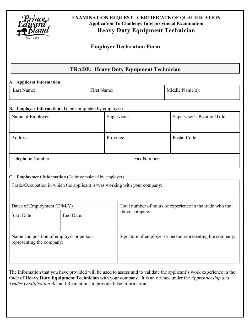 Heavy Duty Equipment Technician Application to Challenge Interprovincial Examination - Prince Edward Island, Canada, Page 5