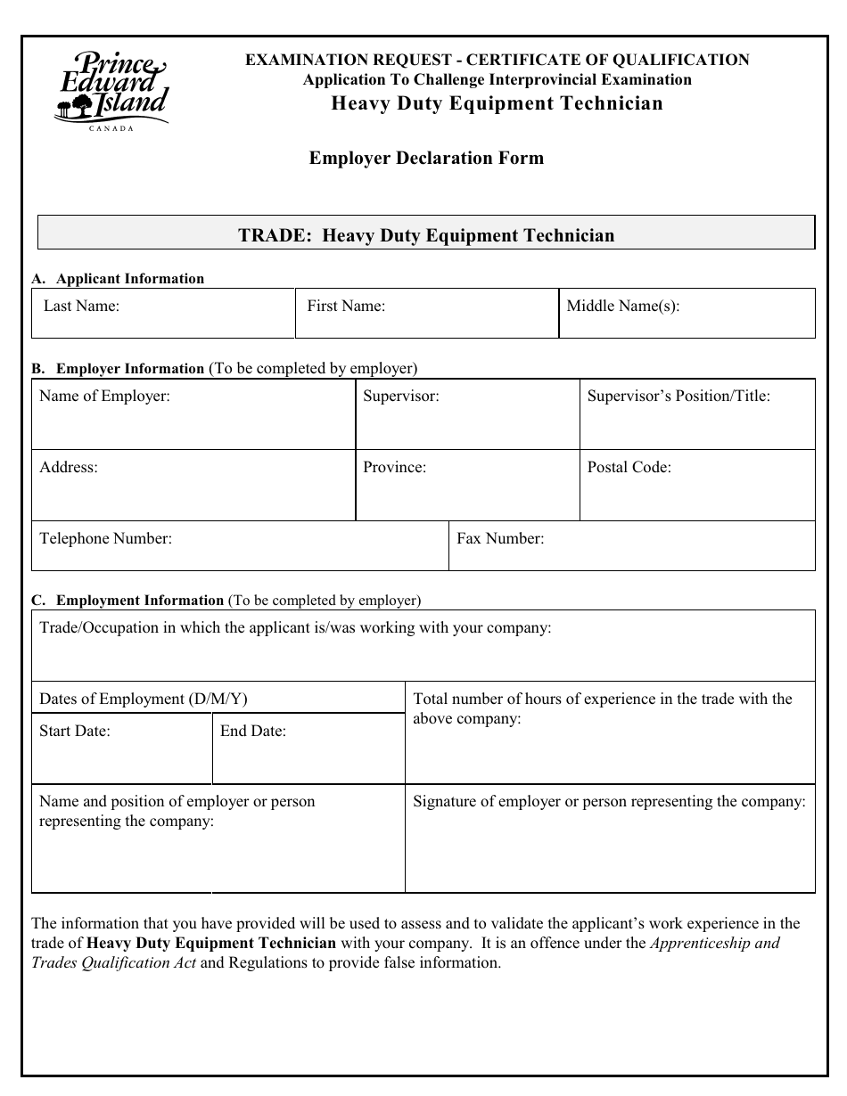 Heavy Duty Equipment Technician Application to Challenge Interprovincial Examination - Prince Edward Island, Canada, Page 6