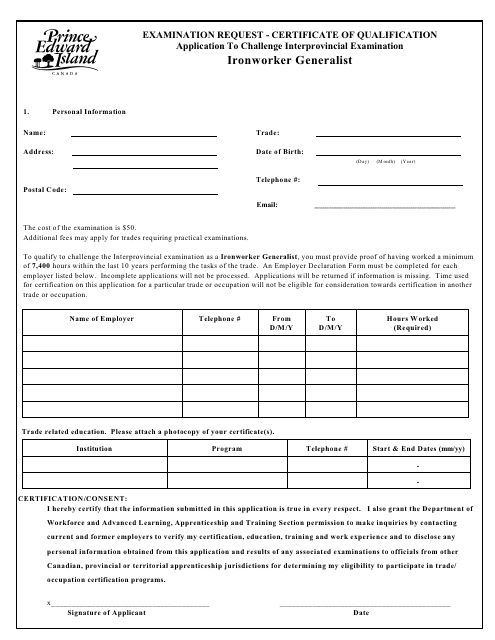 Ironworker Generalist Application to Challenge Interprovincial Examination - Prince Edward Island, Canada Download Pdf