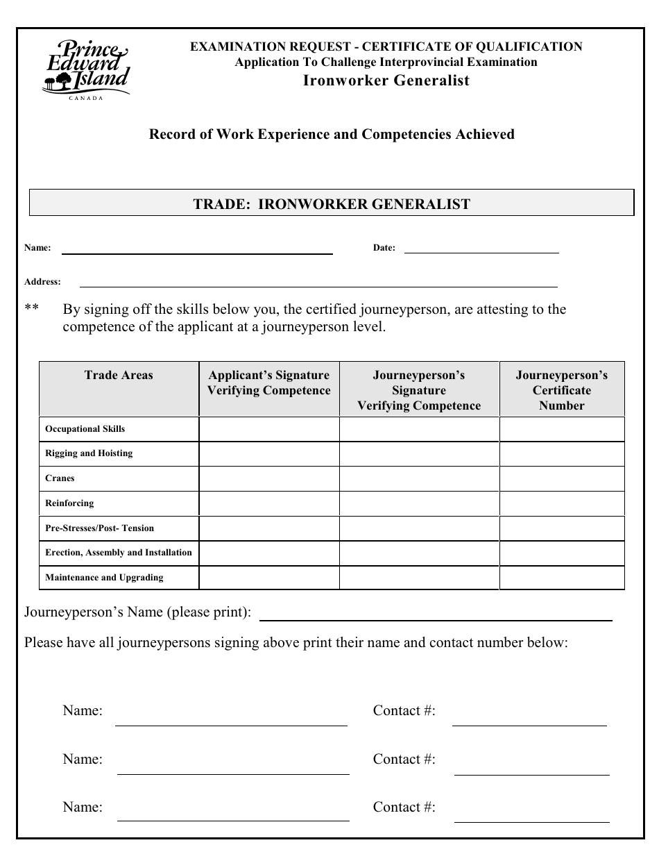 Ironworker Generalist Application to Challenge Interprovincial Examination - Prince Edward Island, Canada, Page 3