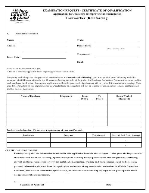 Ironworker (Reinforcing) Application to Challenge Interprovincial Examination - Prince Edward Island, Canada Download Pdf