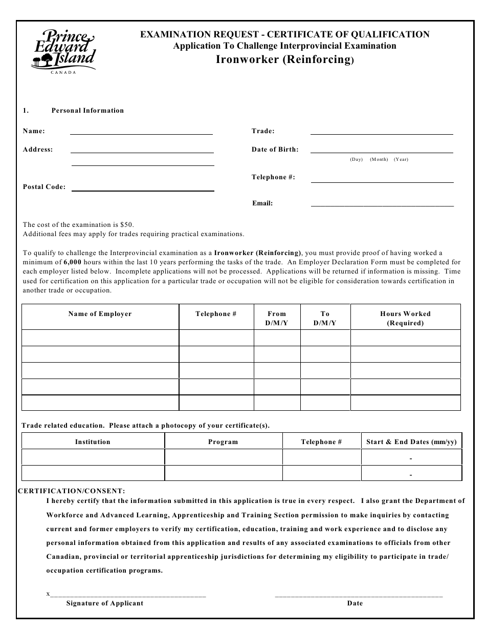 Prince Edward Island Canada Ironworker (Reinforcing) Application to