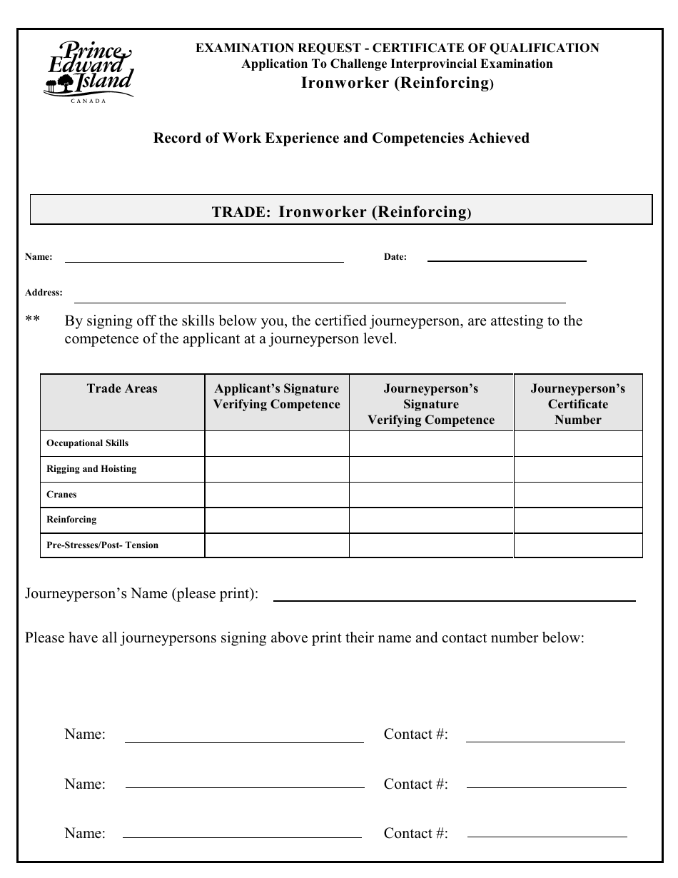 Ironworker (Reinforcing) Application to Challenge Interprovincial Examination - Prince Edward Island, Canada, Page 3