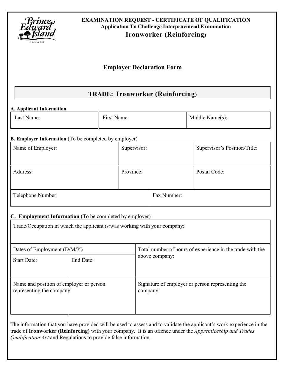 Ironworker (Reinforcing) Application to Challenge Interprovincial Examination - Prince Edward Island, Canada, Page 4