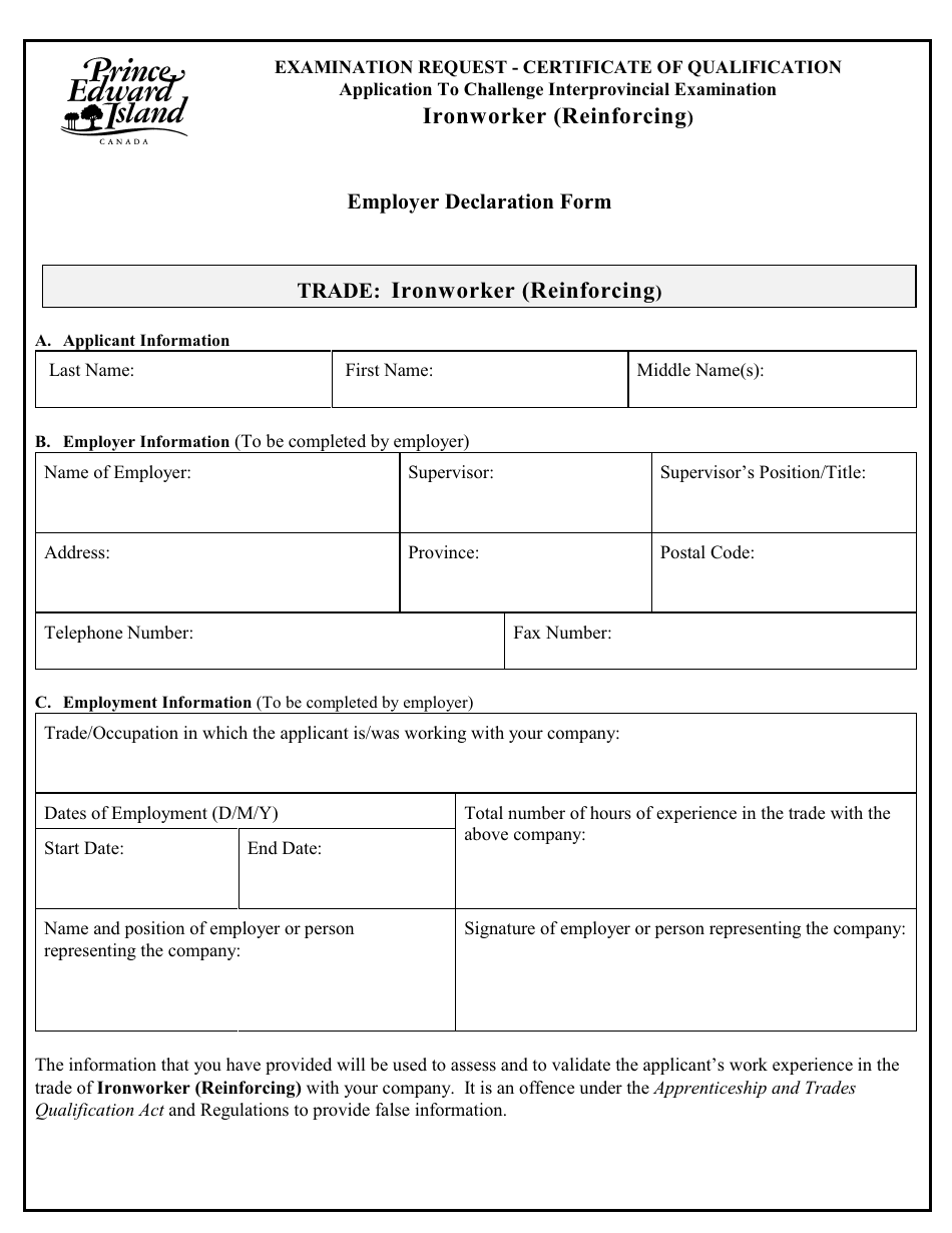 Ironworker (Reinforcing) Application to Challenge Interprovincial Examination - Prince Edward Island, Canada, Page 6