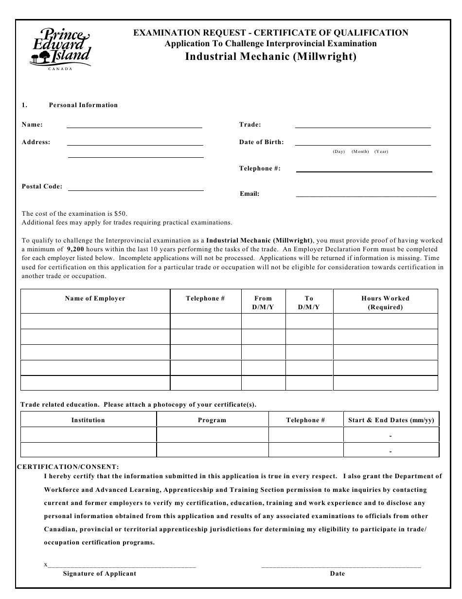 Industrial Mechanic (Millwright) Application to Challenge Interprovincial Examination - Prince Edward Island, Canada, Page 1